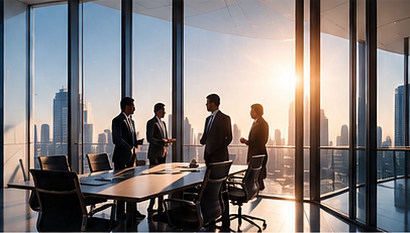 Executives meeting in a boardroom overlooking the city
