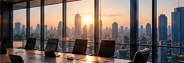 Boardroom overlooking the city at sunset