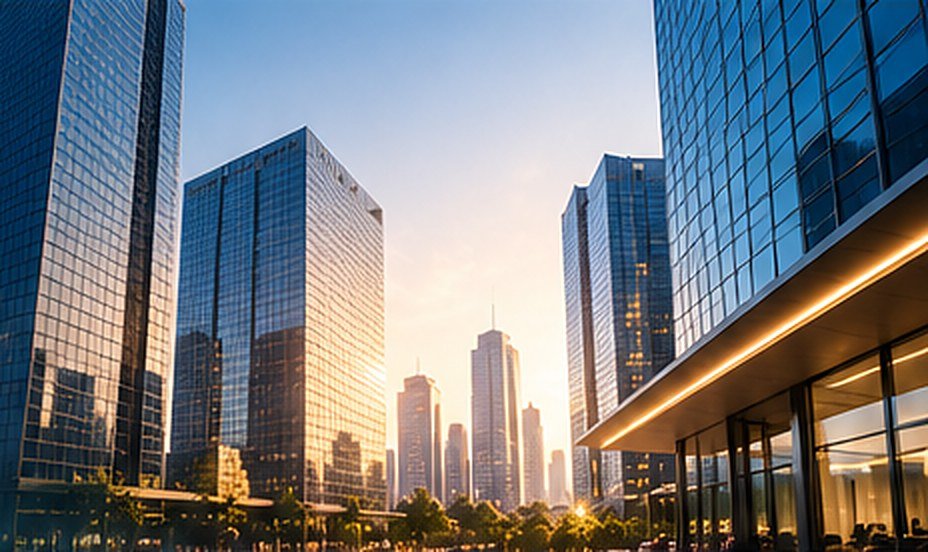 City skyline of glass towers at sunset
