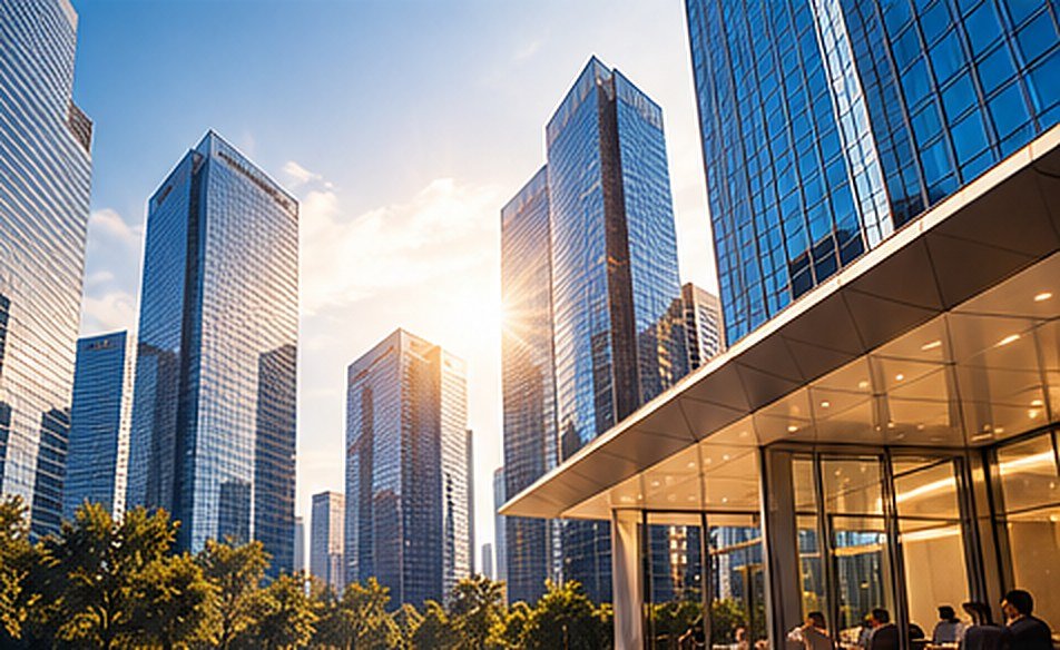 Modern glass office towers at sunrise