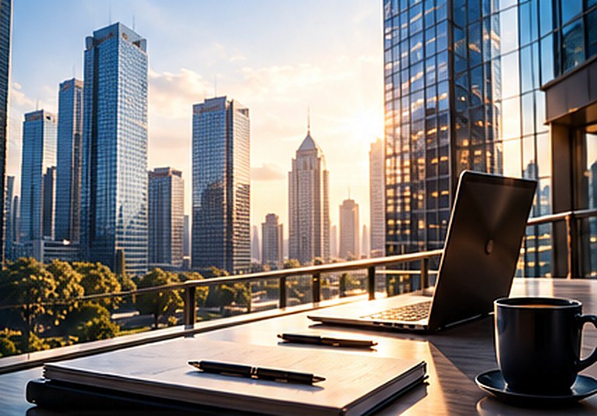 Laptop and coffee on a terrace overlooking the city