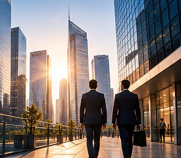 Business leaders walking towards city towers