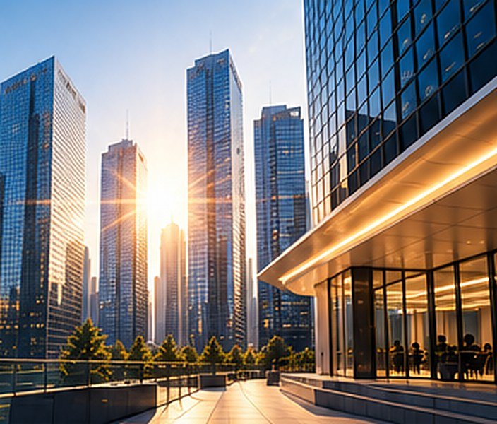 Modern business district at golden hour