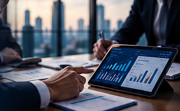 Executive reviewing analytics on a tablet