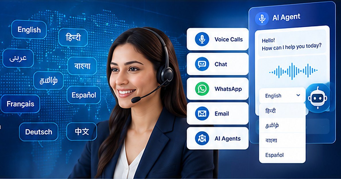 AI agent supporting voice, chat, WhatsApp and email in many languages