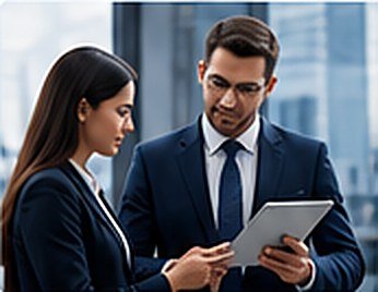 Relationship managers reviewing a tablet