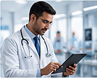 Medical representative using a tablet